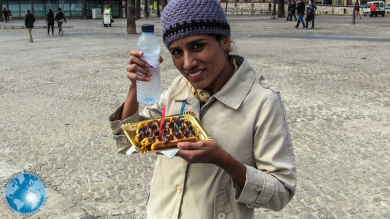 Cris eating waffles in Barcelona